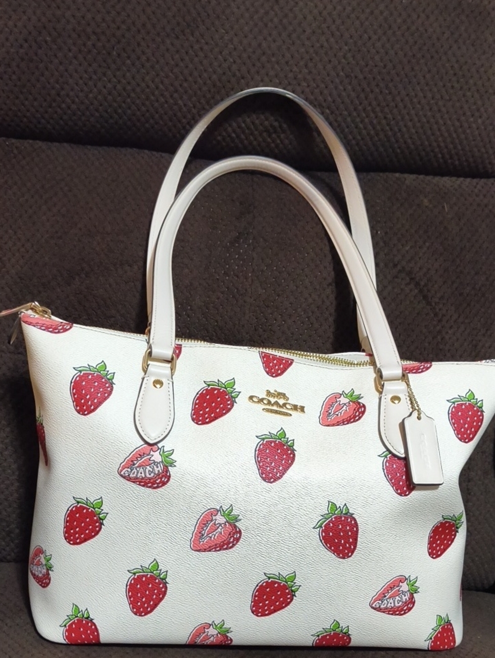 Coach White Leather Strawberry Print Tote with Red Accents
